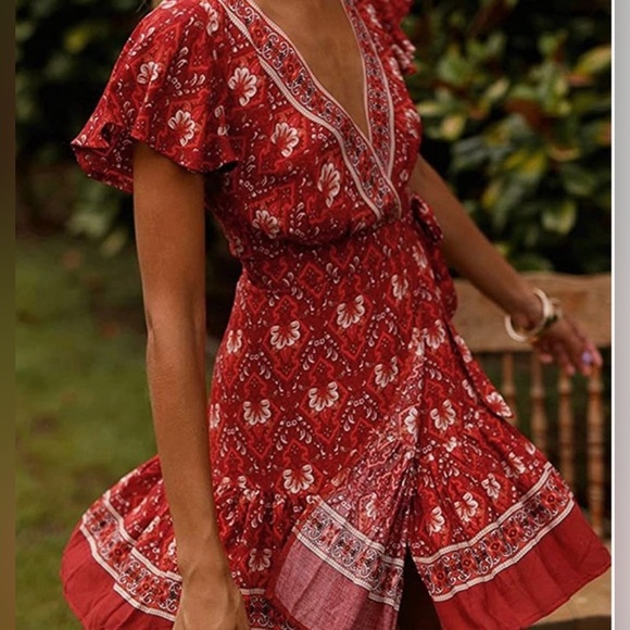 ZESICA Wrap V Neck Floral Print Ruffle Swing Beach A Line Mini dress SZ S NWT - Picture 2 of 11